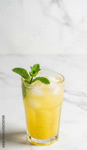 Chilled lemon tea with mint served on a white table, healthy and refreshing