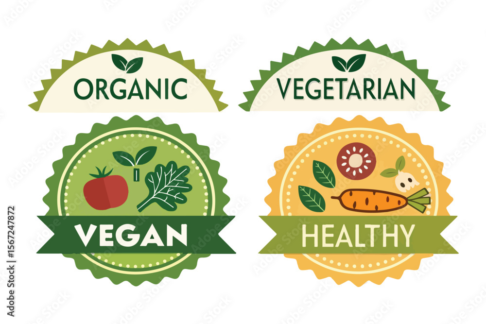 Obraz premium Organic and Vegan Food Labels natural and Health Badges Healthy Food Labels 