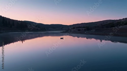 Wallpaper Mural Aerial Serenity, Drone Captures Tranquil Lake at Sunset with Mountain Backdrop Torontodigital.ca