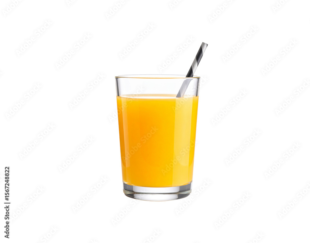 Refreshing Orange Juice in Glass with Striped Straw on Black Background. Refreshing Orange Juice in Glass with Striped Straw on Black Background.
