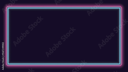 Pink and blue neon lighting rounded rectangle frame on dark purple background graphic illustration.