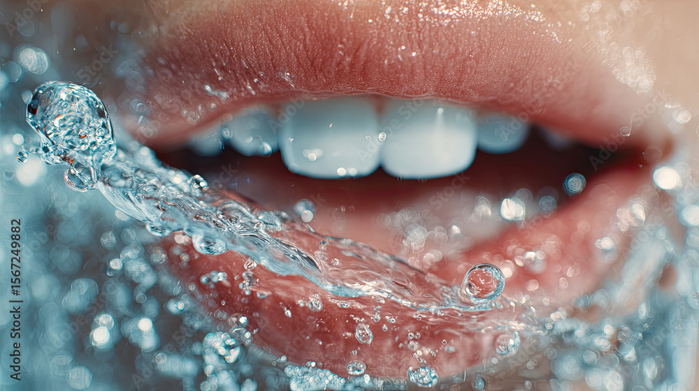 Fototapeta premium Cancer treatment options for targeted therapy concept. Close-up of lips with splashing water, focusing on freshness.