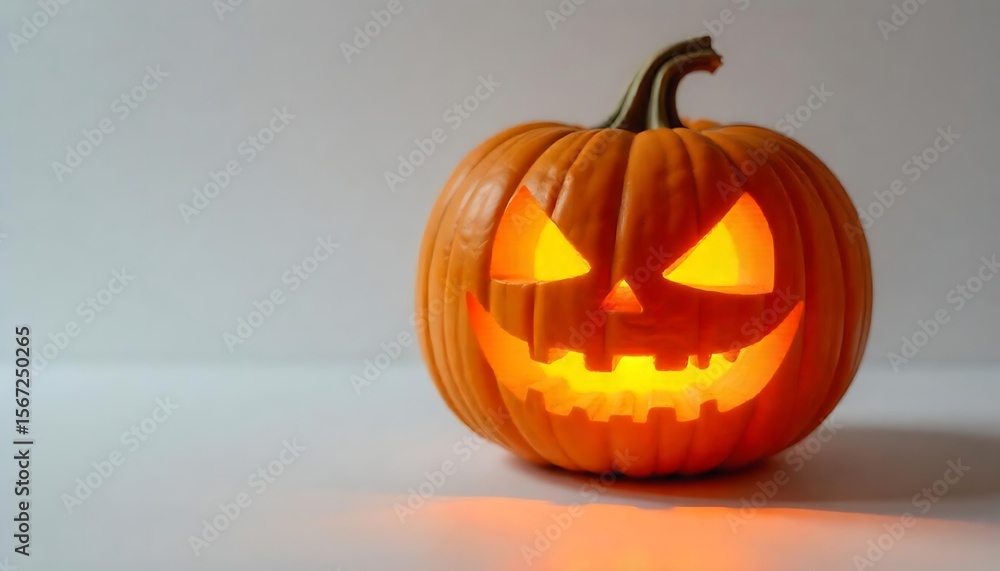 Glowing jack-o'-lantern smiles on a bright surface, bringing the Halloween spirit and autumn vibes with its carved face Glowing jack-o'-lantern smiles on a bright surface, bringing the Halloween spirit and autumn vibes with its carved face