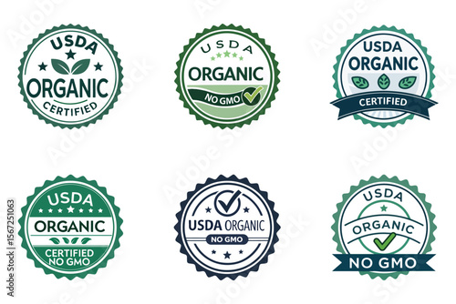 Organic Certifications: A set of detailed, vibrant USDA organic certification emblems representing a seal of quality, trust, and assurance in organic products