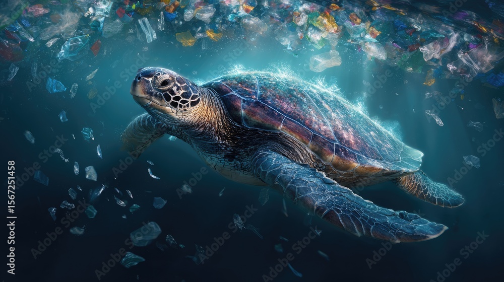 Fototapeta premium Ocean's Plight: A lone sea turtle navigates a polluted ocean, surrounded by plastic waste, highlighting the urgent need for environmental conservation and awareness.