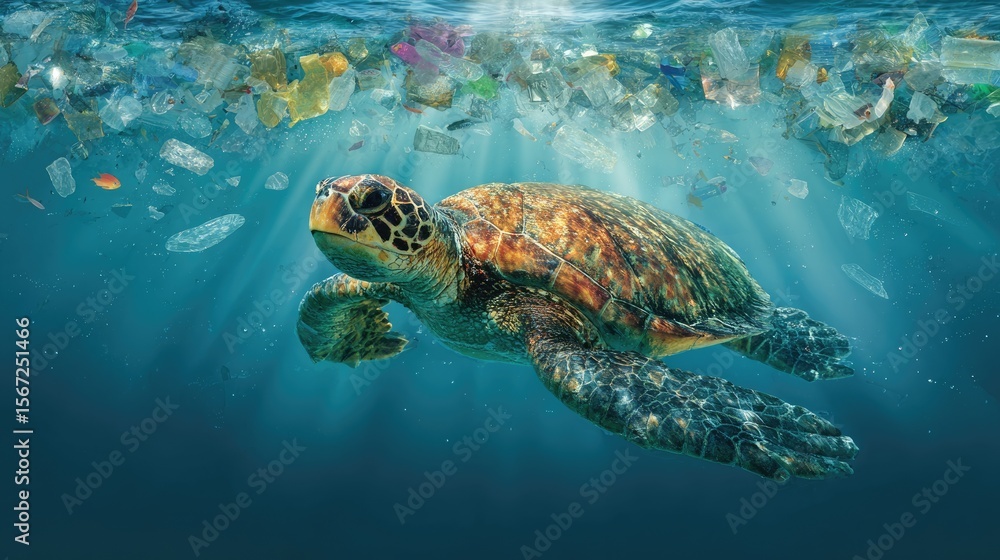 Fototapeta premium Ocean's Silent Plea: A sea turtle gracefully navigates a polluted ocean, juxtaposed with plastic waste, depicting the urgent need for environmental preservation.