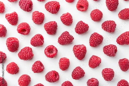 Wallpaper Mural Pattern of fresh ripe raspberries isolated on white background. Seamless top view of organic red berries. Juicy summer fruit, healthy vegan snack, perfect for dessert design or food packaging. Torontodigital.ca
