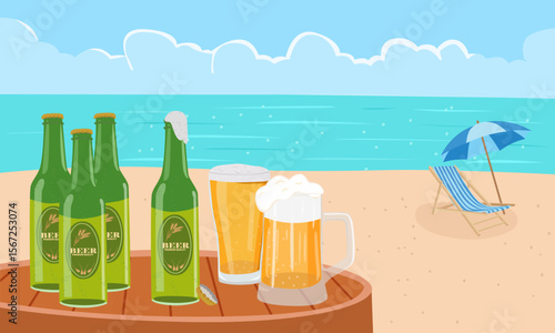 Summer vector. Summer holiday on beach clipart. Beach landscape with beer bottles and beer mugs. Summer tropical. Flat vector in cartoon style isolated on white background.
