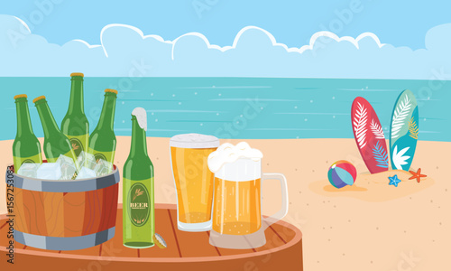 Summer vector. Summer holiday on beach clipart. Beach landscape with beer bottles and beer mugs. Summer tropical. Flat vector in cartoon style isolated on white background.