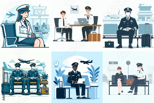 set vector illustration of airport officer sitting