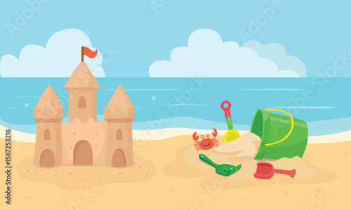 Summer vector. Beach landscape with sea, sand, sky, sand castles, sand bucket and shovel. Summer clipart in flat cartoon style. Summer beach vector.