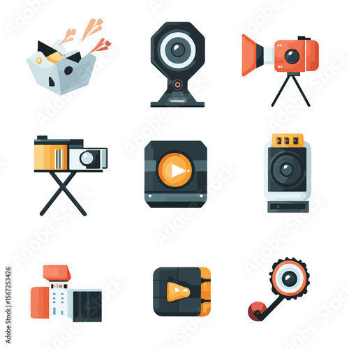 2D Flat icon Film & Video Production Icons isolated in White Background