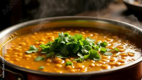 Hot chickpea curry with fresh cilantro in ceramic bowl on wooden surface, rustic comfort food close-up 4K food video