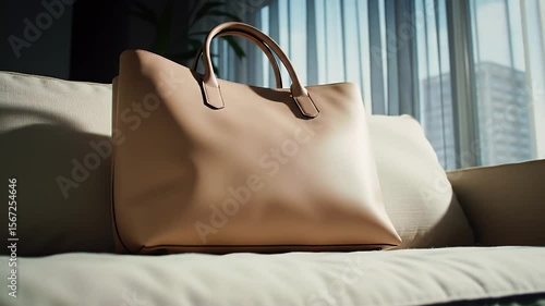 Beige Leather Tote Bag on White Couch With Bright Natural Light And Building View