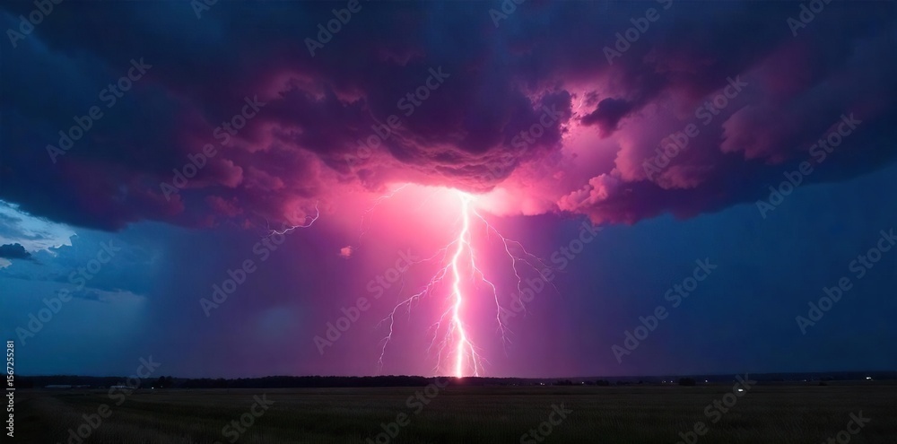 Fototapeta premium Breathtaking Thunderstorm Powerful Thunderbolt Strikes Open Field at Night