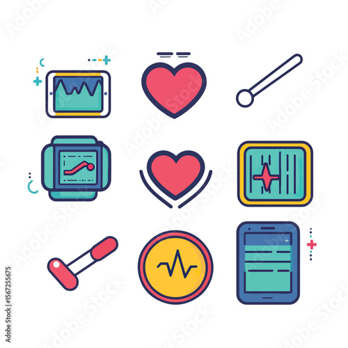 2D Flat icon Fitness Tracking & Health Apps Icons isolated in White Background