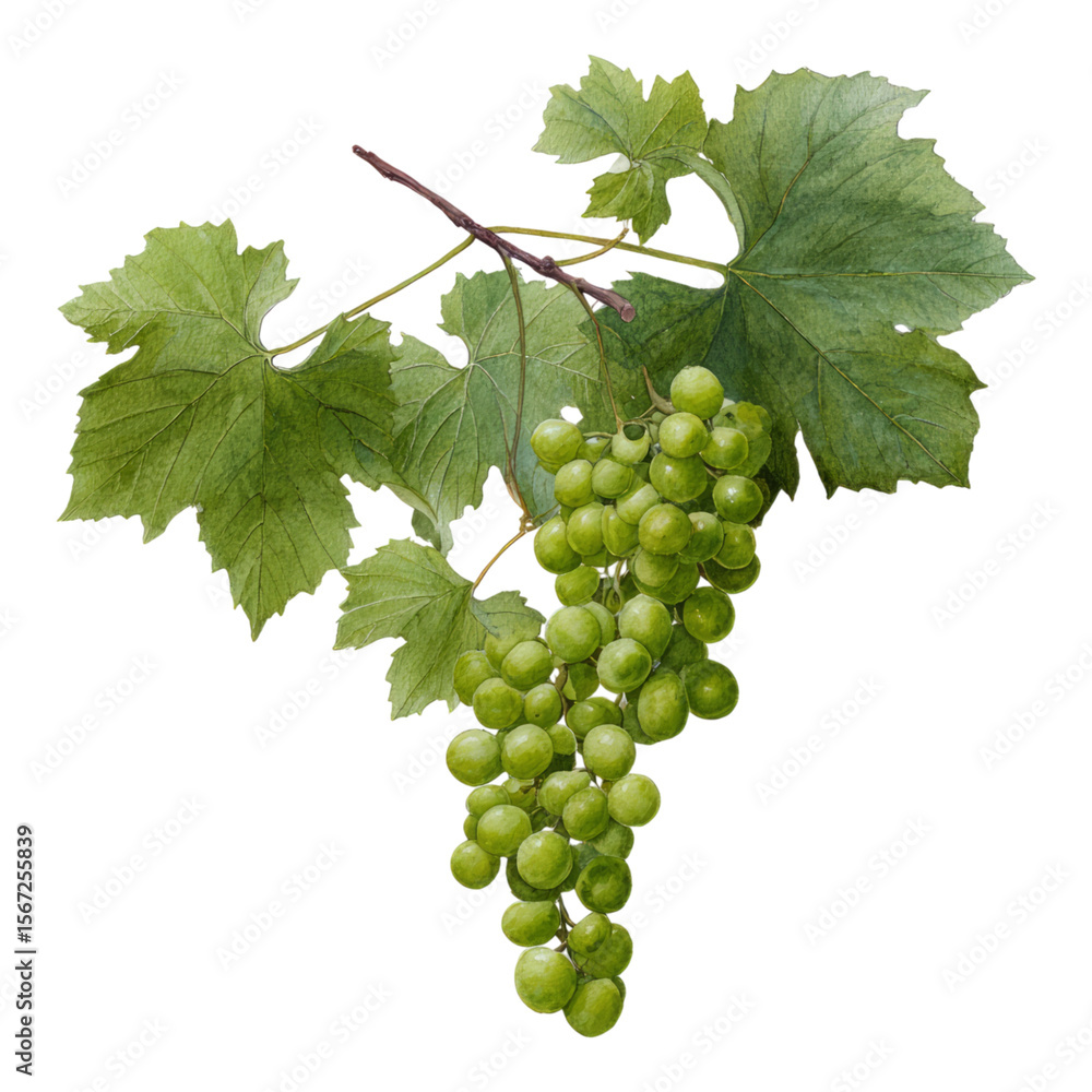Obraz premium Fresh Green Grapes with Green Leaves on White Background