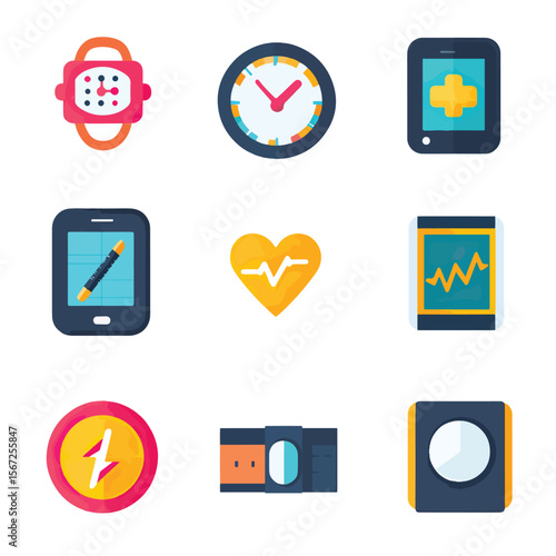 2D Flat icon Fitness Tracking & Health Apps Icons isolated in White Background
