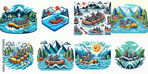 white background white water rafting set vector illustration