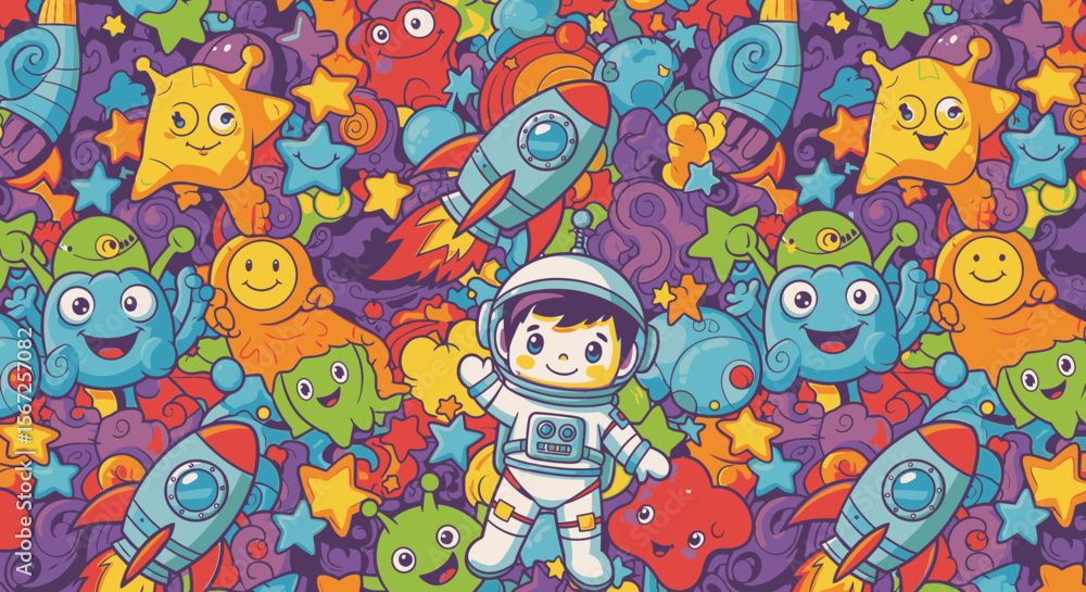 Fototapeta premium Happy astronaut kid surrounded by colorful cartoon aliens, rockets, and stars in a vibrant, playful space-themed illustration, perfect for kids' products.