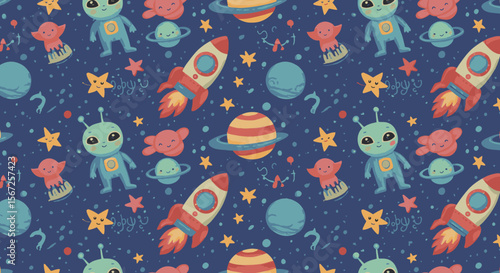 A vibrant and whimsical seamless pattern showcases rockets, planets, smiling aliens, and stars against a deep blue cosmic backdrop, suitable for children's designs.