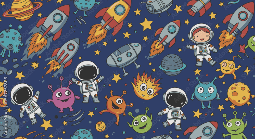 Naklejka premium A charming seamless pattern featuring cute cartoon astronauts, vibrant rockets, playful aliens, and sparkling stars on a deep blue cosmic background.