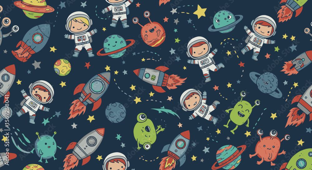 Naklejka premium A whimsical seamless pattern features playful cartoon astronauts, colorful planets, and friendly aliens soaring through a starry dark blue outer space.