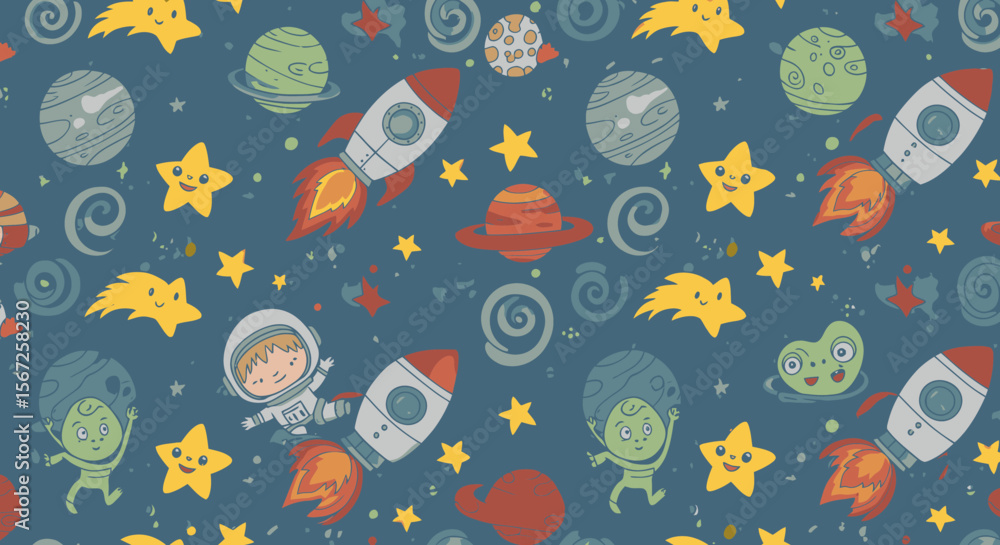 Naklejka premium Whimsical space-themed seamless pattern featuring astronauts, rockets, planets, and smiling stars against a dark blue background, perfect for children's products and designs.