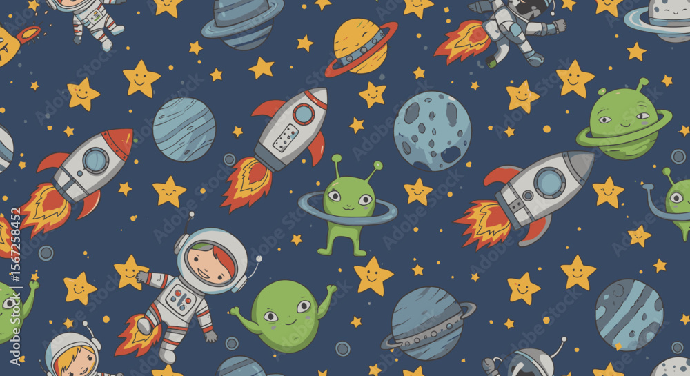 Naklejka premium Adorable cartoon rockets, planets, astronauts, and aliens playfully arranged on a dark-blue background, ideal for kids' textile prints, wallpapers, or wrapping paper.