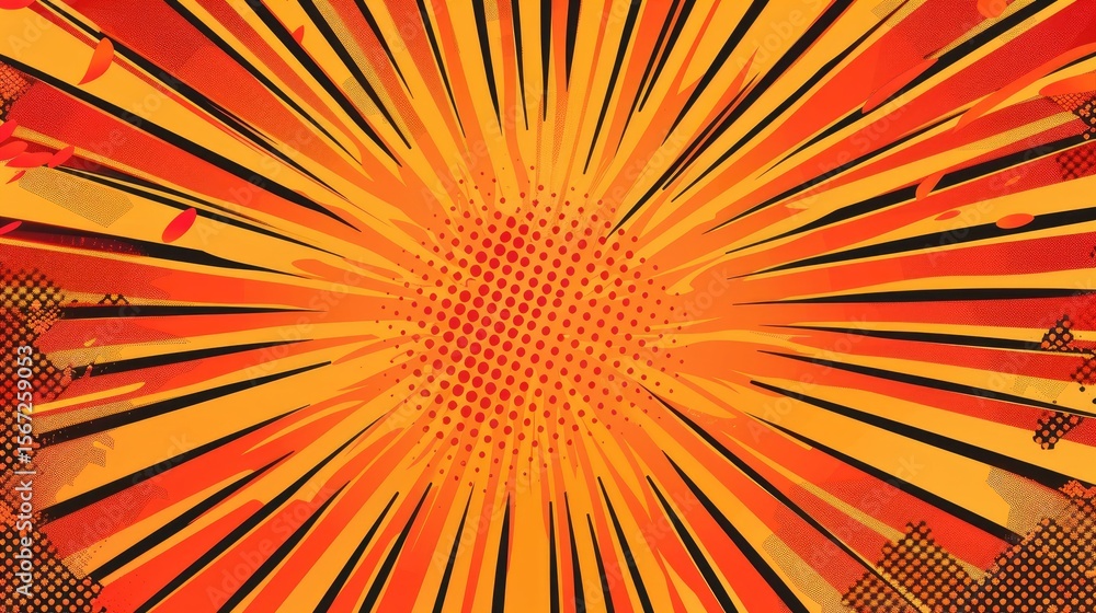 Fototapeta premium A vibrant explosion of orange and yellow rays radiating from a central point, creating a dynamic effect.