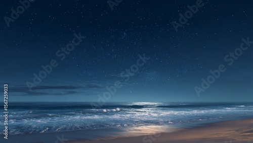 Night Ocean Beach Scene Under Starry Sky