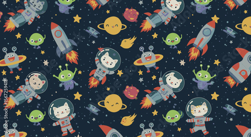 A whimsical seamless pattern featuring adorable cartoon cats in astronaut suits, friendly green aliens, and colorful planets floating in deep outer space.