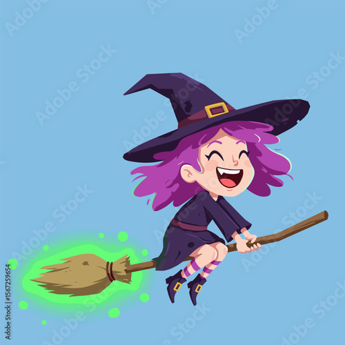 Cheerful cartoon witch with purple hair flying joyfully on a glowing broomstick across a bright blue sky.