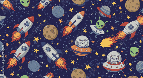 A playful, hand-drawn seamless pattern featuring rockets, planets, UFOs, and stars against a dark blue background, perfect for children's products and space-themed designs.