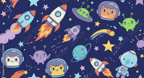 A whimsical, hand-drawn-style space pattern features rockets, planets, stars, and cat astronauts against a dark blue background, creating a playful and imaginative design.