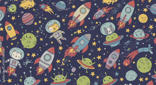 A whimsical illustration showcases a vibrant space scene with rockets, planets, aliens, and astronaut animals floating against a dark blue star-filled background.