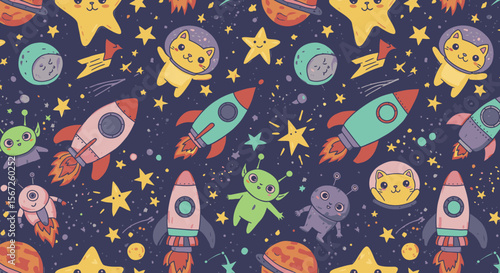 Whimsical cartoon space pattern featuring cute cats in astronaut helmets, friendly aliens, and colorful rockets against a starry night sky.