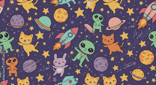 Adorable space cats and aliens playfully float among planets, stars, and rockets in a whimsical, repeating pattern, perfect for kids' apparel or whimsical designs.