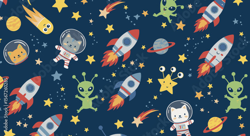 A whimsical pattern showcases adorable astronaut cats, friendly aliens, rockets, planets, and stars against a deep blue space background, perfect for children's designs.