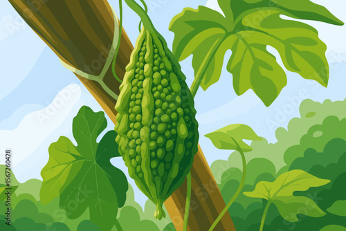 The image showcases a bitter gourd (Momordica charantia), also known as bitter melon or wild bitter gourd, hanging on a vine supported by a wooden pole. The fruit is green and covered with distinctive