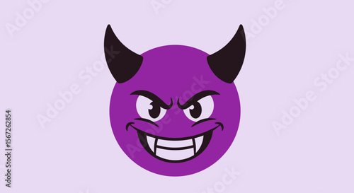 A cartoon devil face with sharp horns, a menacing grin, and angry eyes.
