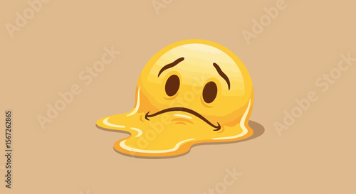 A yellow, melting emoji with a sad expression, resting on a brown surface.