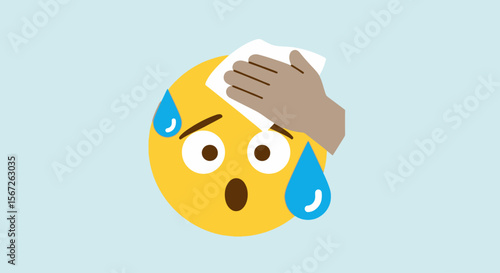 A cartoon face with sweat wiping with a cloth, expressing heat and discomfort.