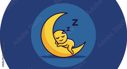A cute baby character peacefully sleeps nestled on a crescent moon, against a dark blue background.