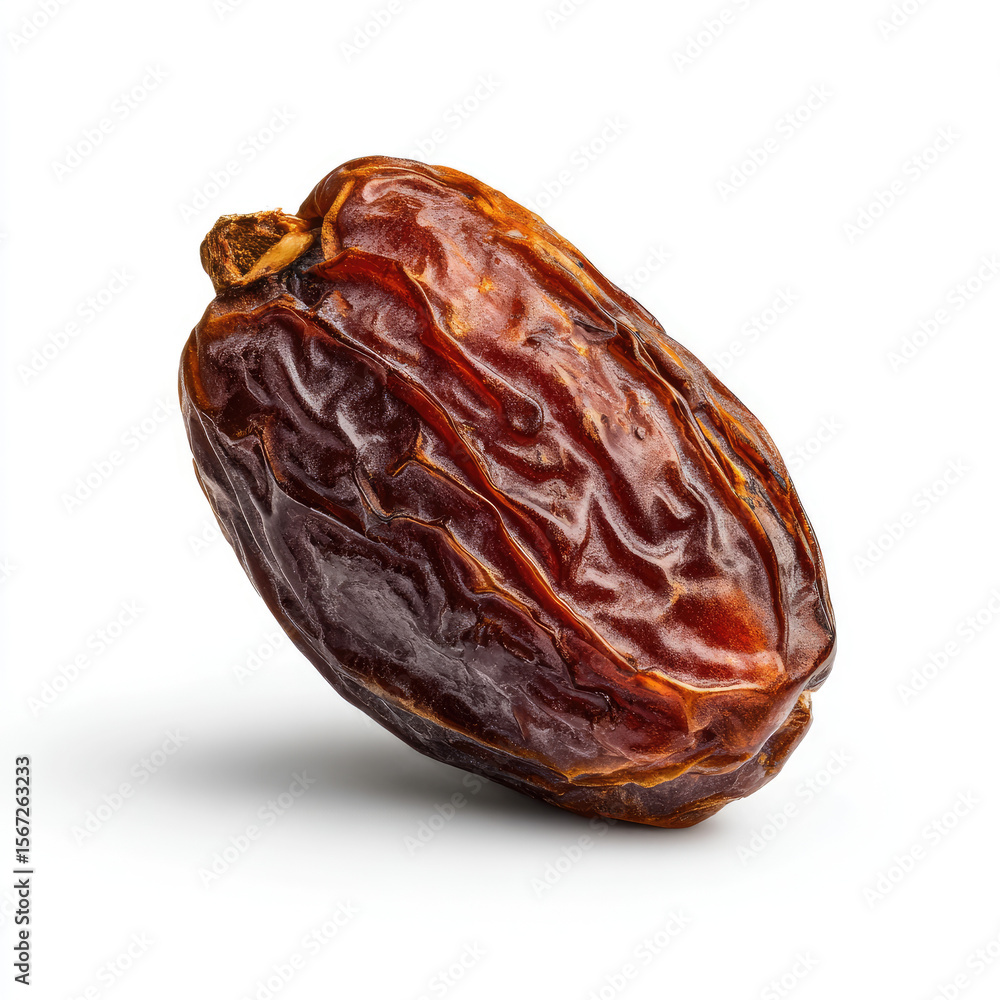 Close-up of a single dried date fruit showcasing its rich texture and deep brown color on a white background Close-up of a single dried date fruit showcasing its rich texture and deep brown color on a white background