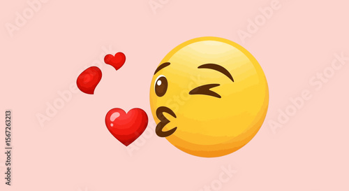 A yellow emoji face winking and blowing a kiss with floating red hearts on a light pink background.