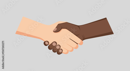 Two hands, one light-skinned and one dark-skinned, are clasped in a handshake against a neutral background.