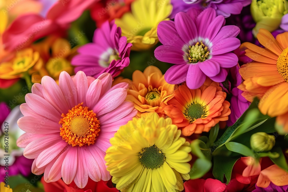 Fototapeta premium Vibrant colorful spring flower bouquet with daisies and gerbera blossoms creating a cheerful and uplifting floral arrangement for joyful occasions