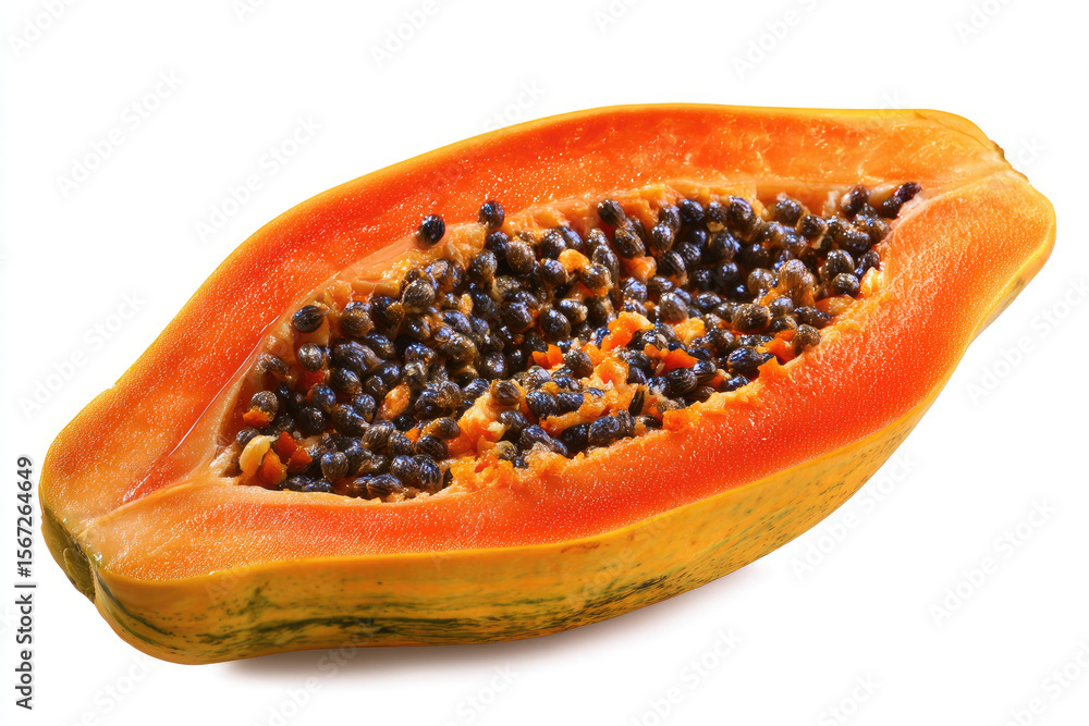 Freshly sliced papaya showcasing vibrant orange flesh and black seeds, ideal for culinary use Freshly sliced papaya showcasing vibrant orange flesh and black seeds, ideal for culinary use