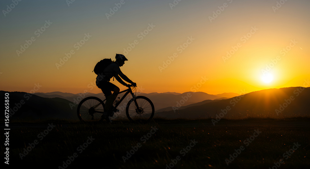 Obraz premium Silhouetted cyclist riding mountain bike during sunset on scenic outdoor trail with mountains in the background and vibrant sky creating a peaceful and adventurous atmosphere